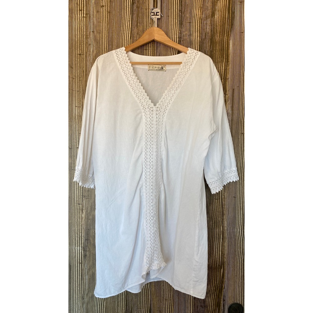Sea Spice Beach Cover Dress Sz XL White Cotton Crochet Lace Trim Resort Boho